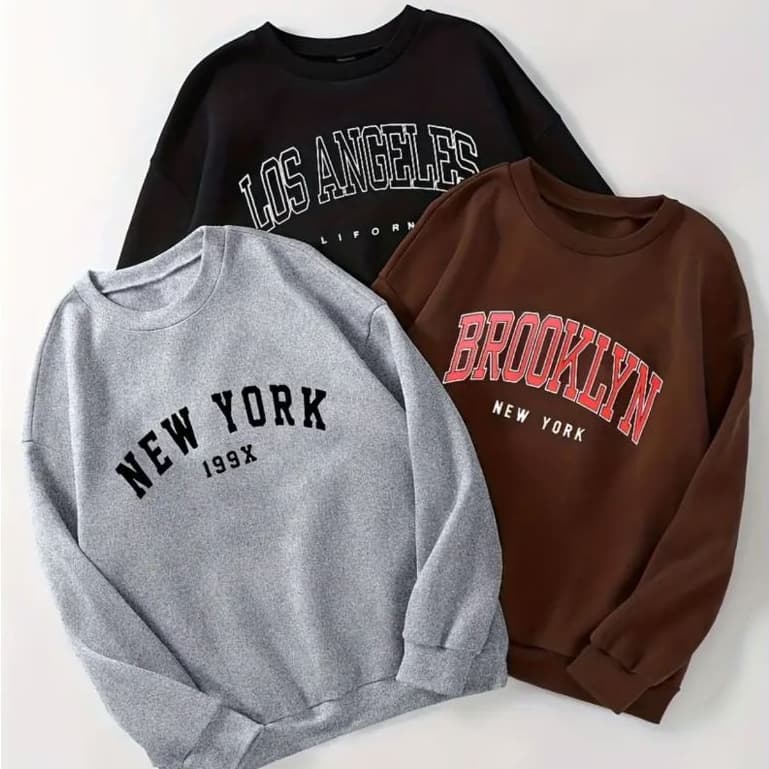 Kit 3 Blusas Moletom Careca New York, Los Angeles & Brooklyn Frio Unissex Masculino e Feminino Gola Redonda