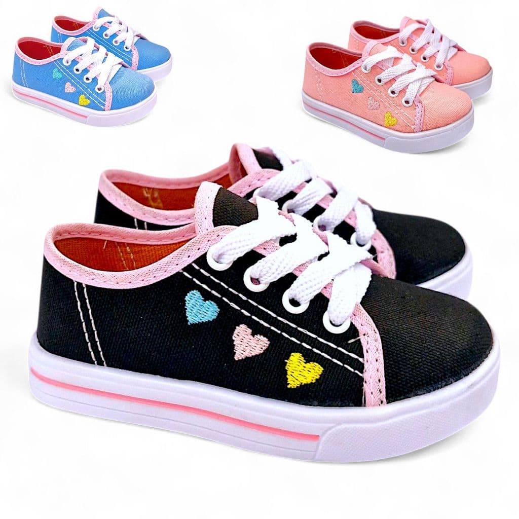Tênis Infantil para Crianças Feminino de amarrar Confortável e Casual, Ideal para Escola com Bordado de Coração Colorido