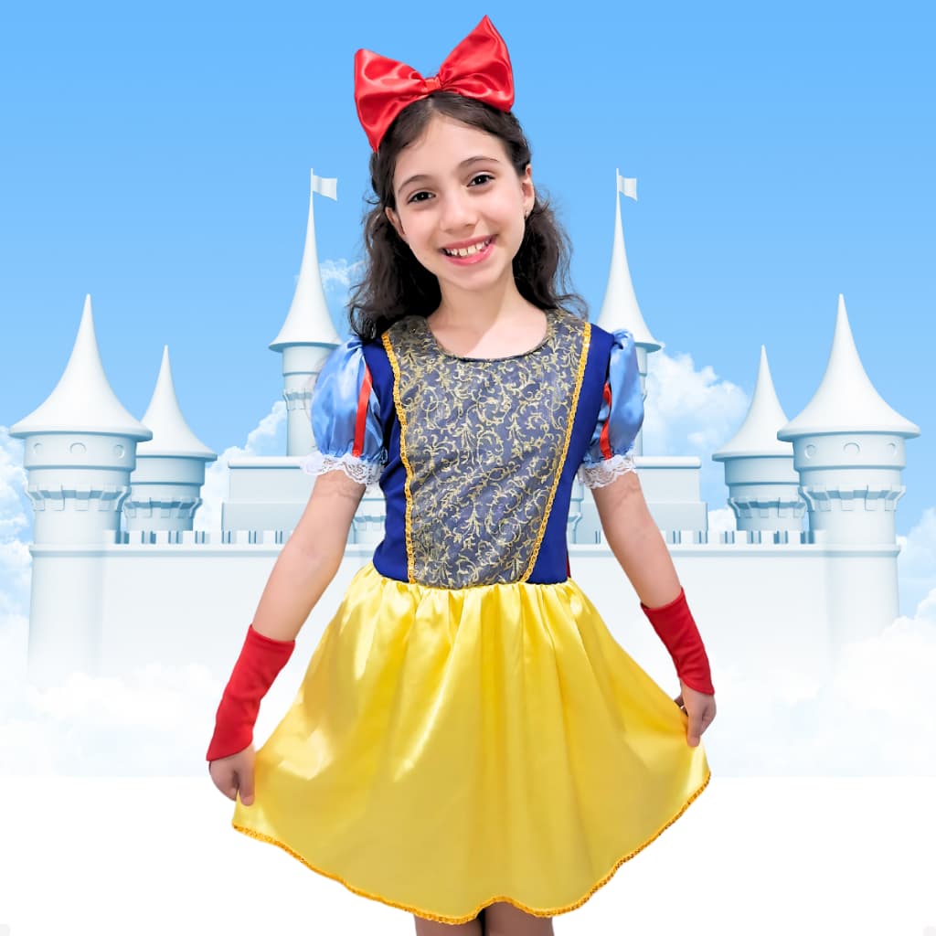 Vestido Fantasia Princesas Branca de Neve Menina Infantil Curto Luxuoso Luva e Tiara com Laço