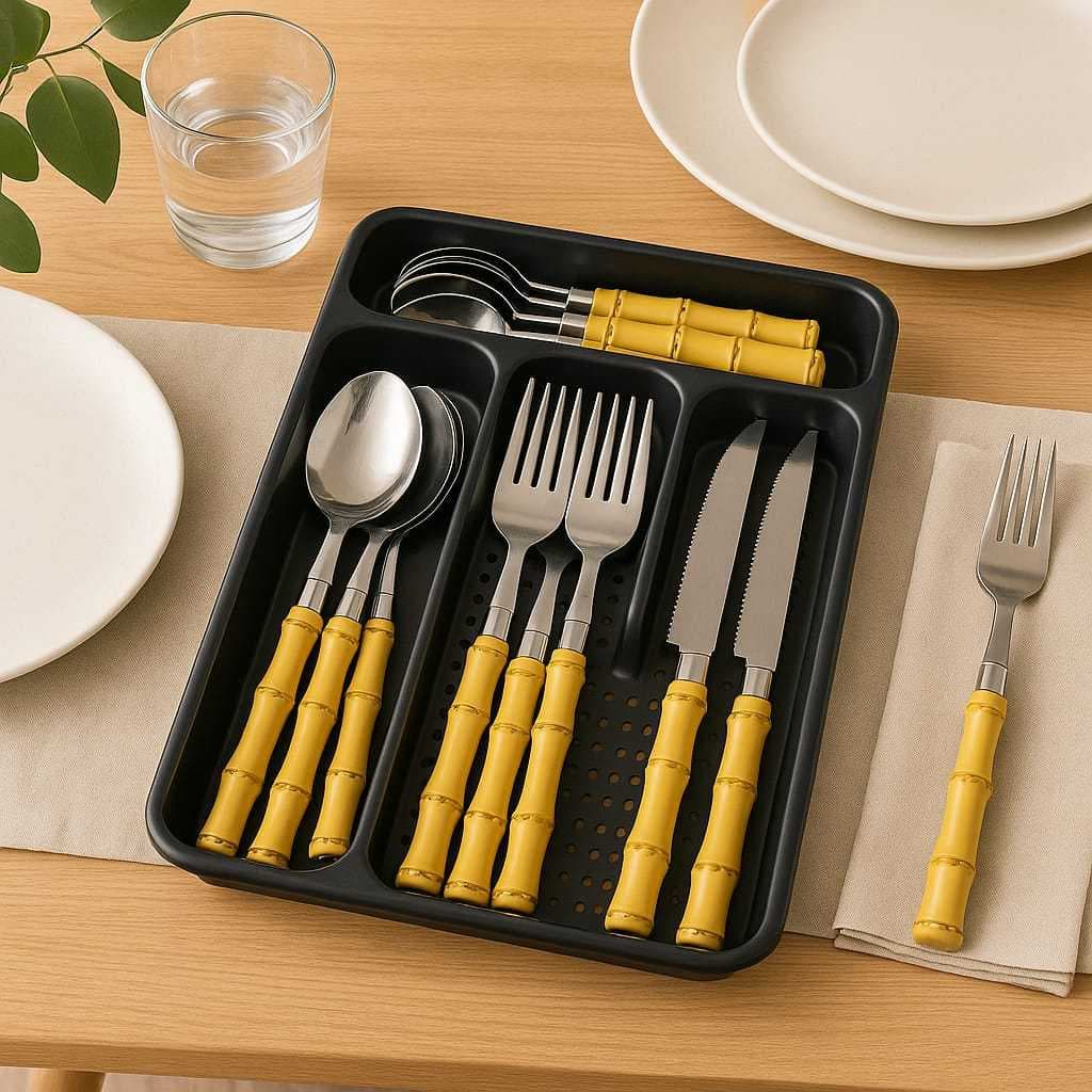 Faqueiro de inox Tropicale Estilo bambu 17 peças com organizador de gaveta