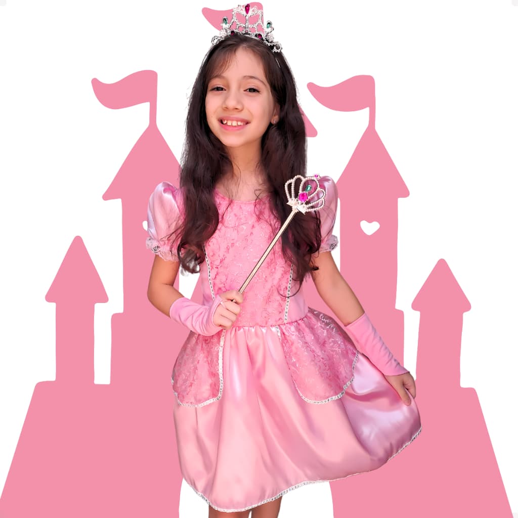 Vestido Fantasia Princesa Aurora Bela Adormecida Rosa Menina Infantil Kit Coroa Varinha E Luva Luxo