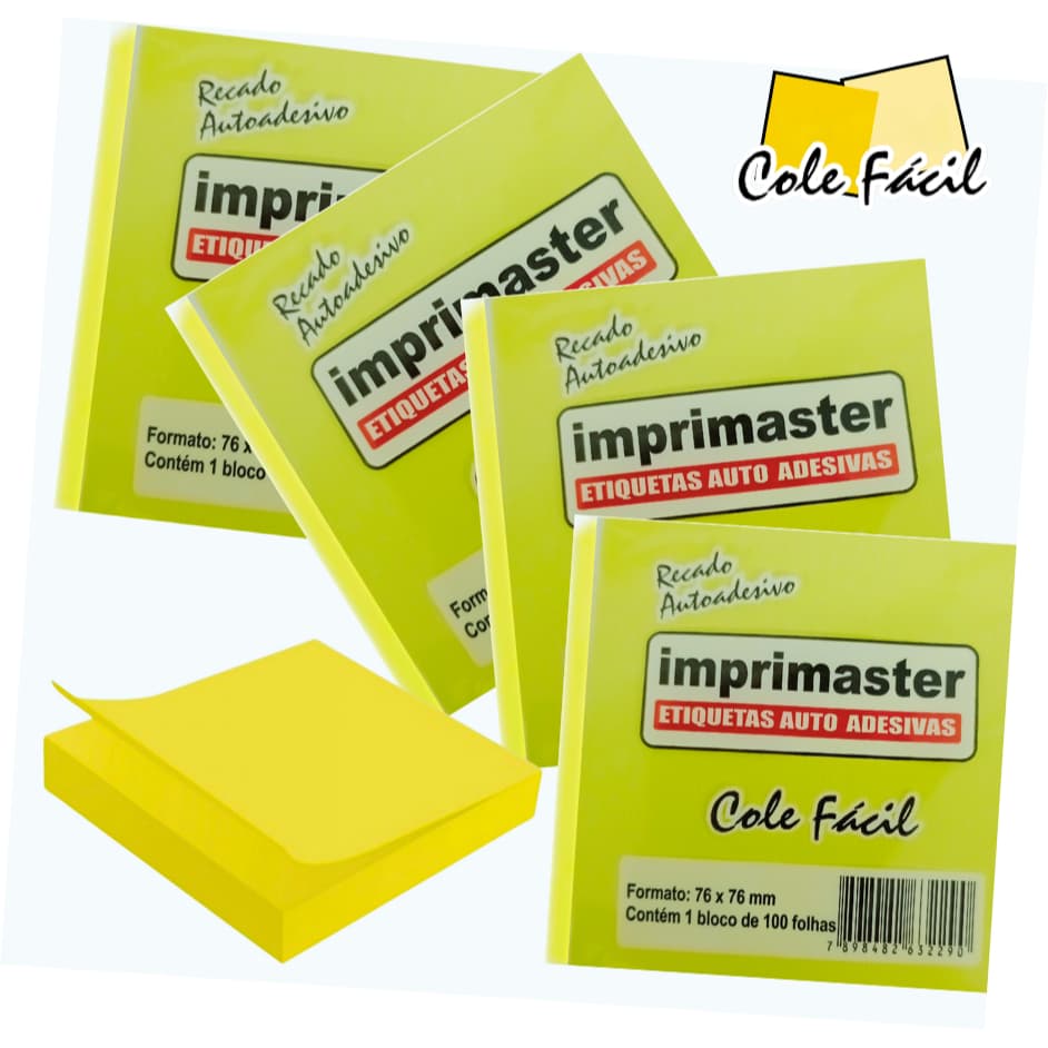 10 Blocos Adesivos Cole Fácil 76x76 Mm  Post it - Amarelo c/ 1000 folhas - Produto Original - 100% Nacional