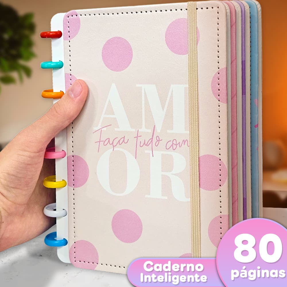 Caderno tipo Inteligente A5/B5/A4 Personalizado - Faça Tudo Com Amor - 80 Páginas, 8 Discos - Capa Dura de Courino