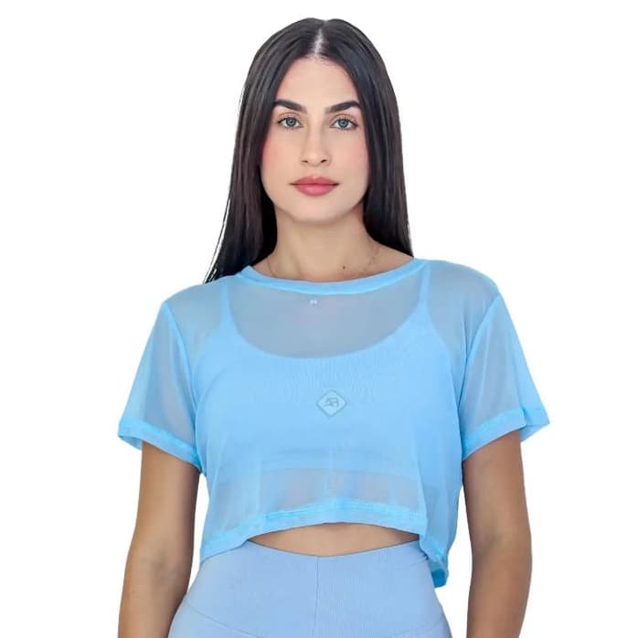 Cropped Tule Feminino Academia Furadinho Transparente de Manga Esportivo Moda Fitness