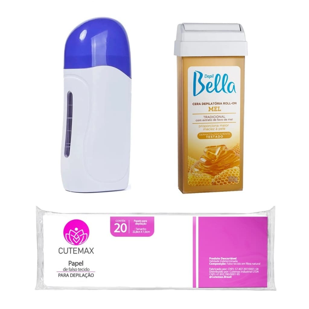 Kit Aquecedor Roll On Depil 1 Cera Depil Bella 20 Folhas Cutemax Depilador Elétrico Depilação