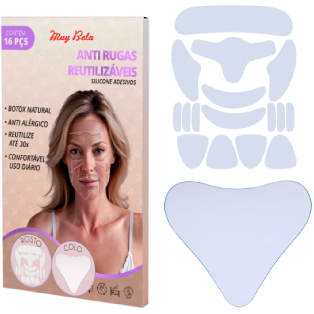 Kit 17 Adesivos Anti Rugas Silicone Reutilizáveis – Lifting Facial Skin Care Rosto Colo Original Envio Rápido Uso Diário