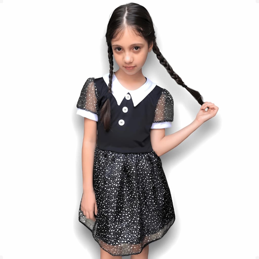 Vestido Wandinha Fantasia Infantil Menina Festa Halloween Familia Addams Série Bruxa Vandinha