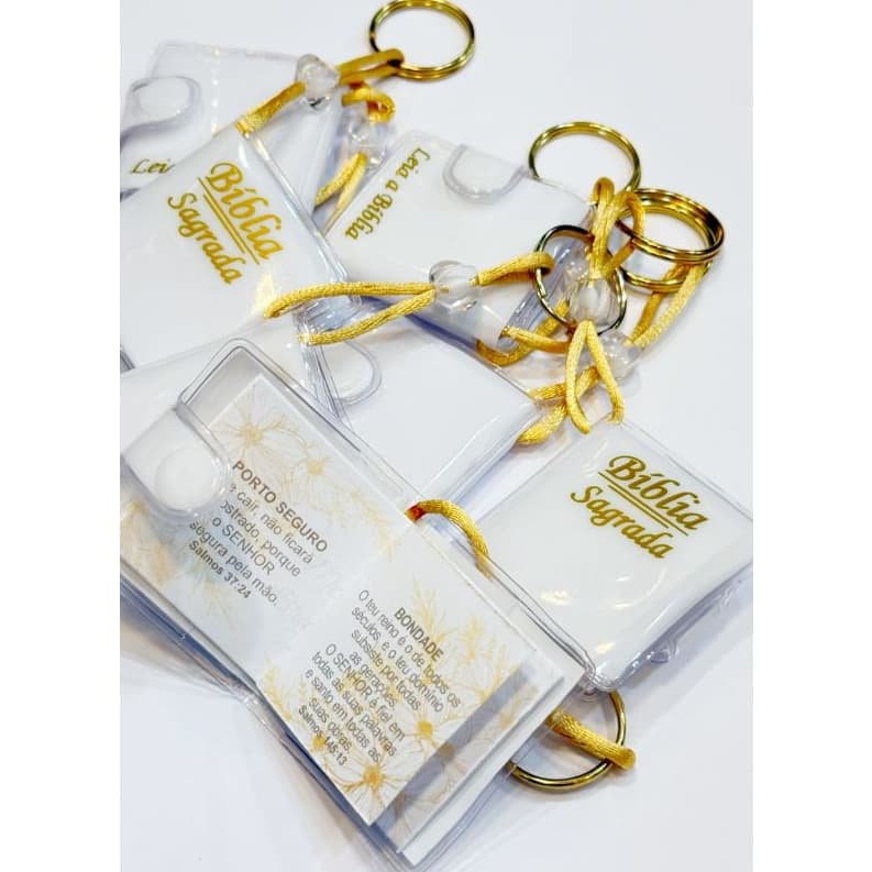 Chaveiro Mini Biblia, (branca-dourada), Luxo Gold - Kit c/ 12 unidades