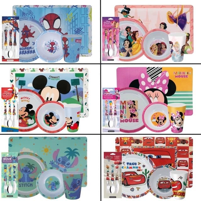 Kit Talher + Prato + Bowl + Copo + Jogo Americano Infantil Disney Plástico BPA Free Criança Refeição