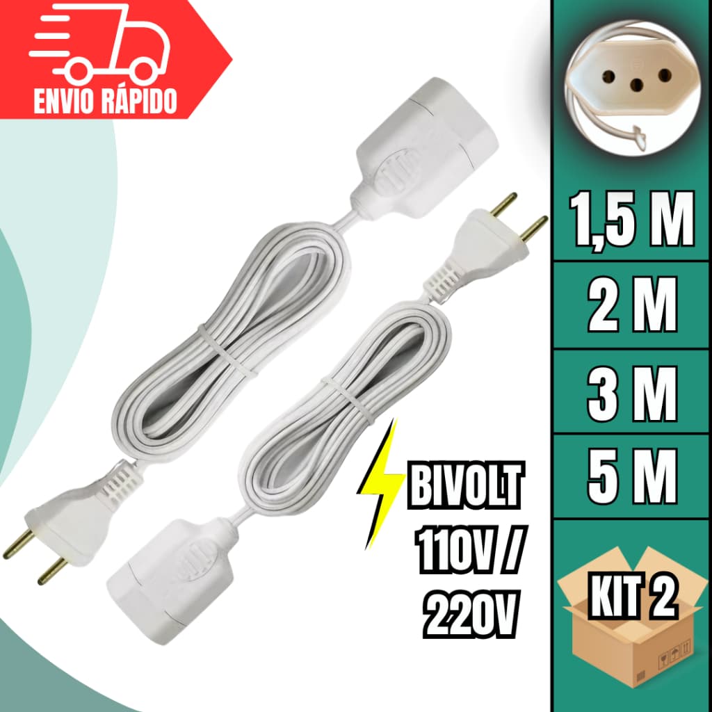 Extensão Elétrica Bivolt KIT 2 Unidades Cabo Prolongador Paralelo Bipolar Tripolar 1,5M/2/3/5 Metros