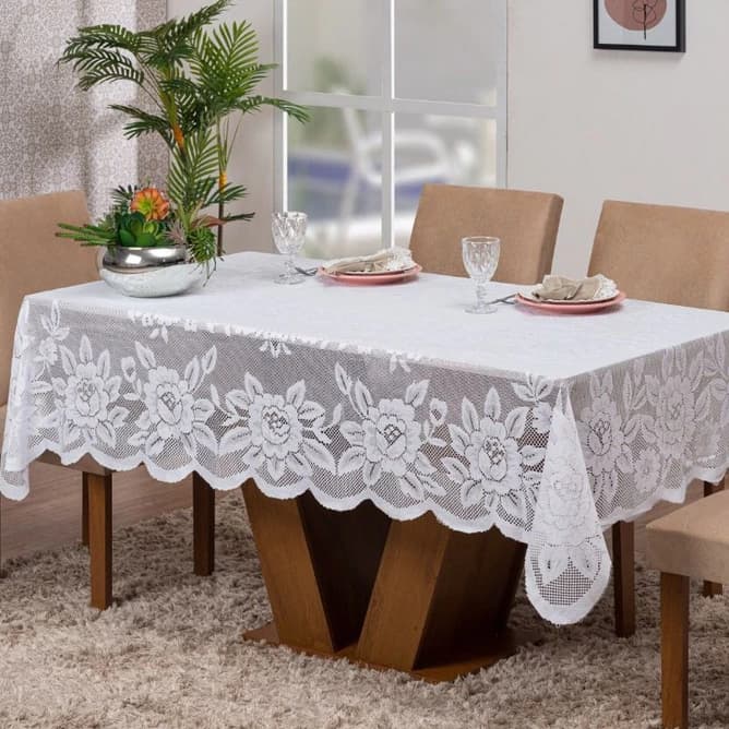 Toalha Mesa De Renda Luxo 2.30 x 1.50m Estampada Retangular Para 6 Cadeiras