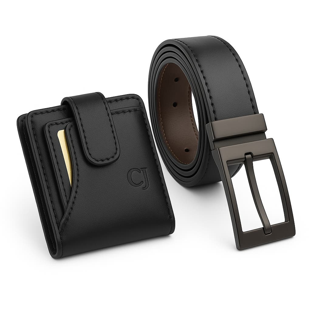 Kit Carteira Masculina Couro  Com fecho de botao + Cinto dupla face 2 EM 1 Preto e marrom com fivela Giratória Presente