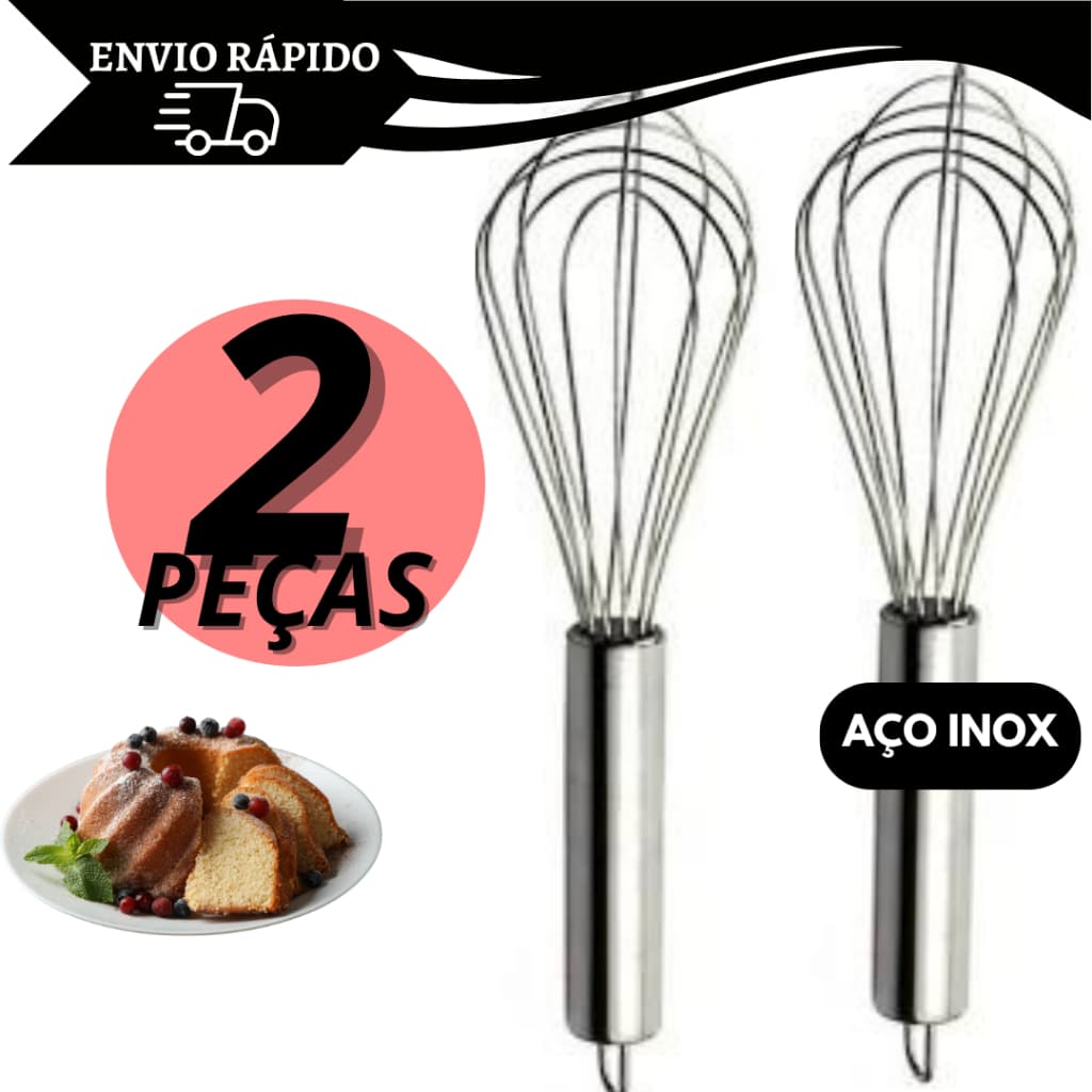 Batedor Fouet Inox Profissional 30 cm Fue Creme Clara Bolo Massa 2 unidades