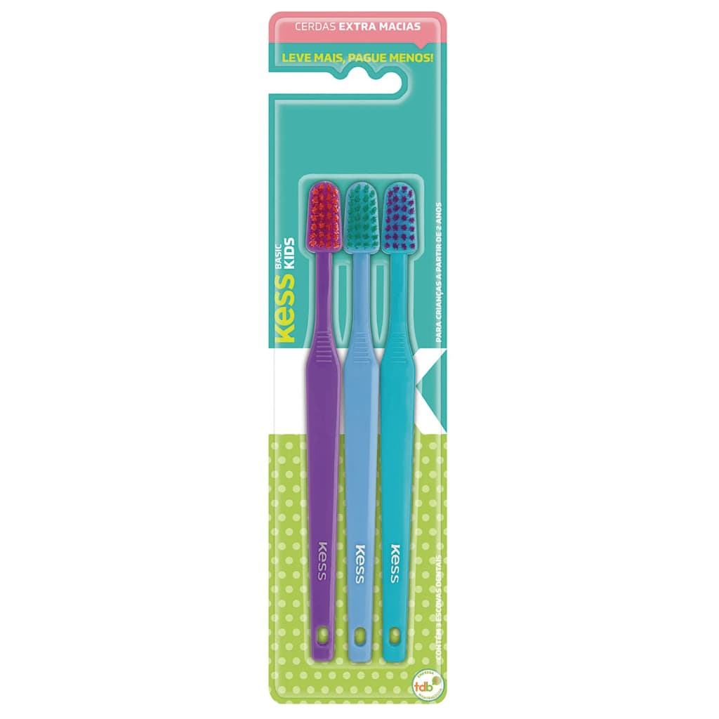 Escova Dental Kess Basic Kids Extra Macia 3 Un Escovas de Dentes Infantil A Partir 2 Anos Cores