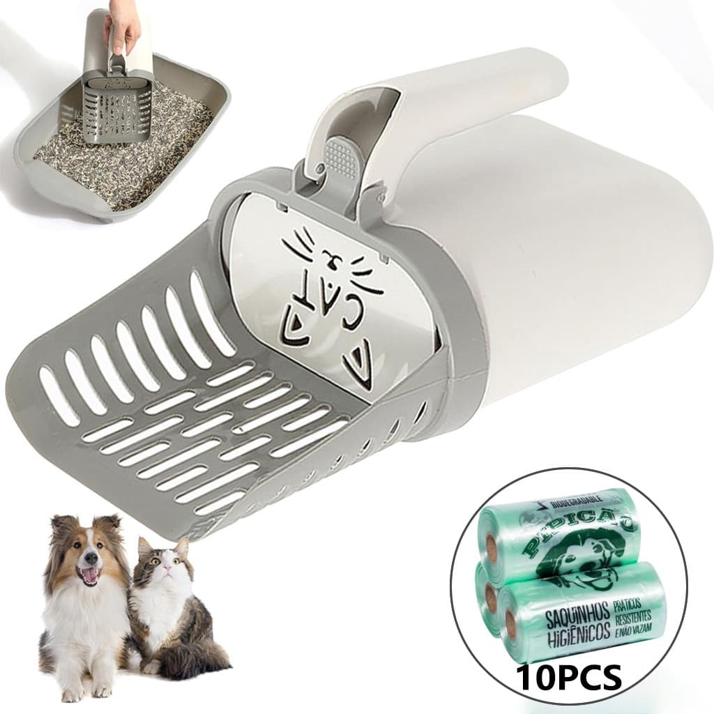 Pá Multifuncional para Areia de Gato com 10PCS Sacos de Lixo - Grande Capacidade, Ideal para Casa, Pet Shop e Viagens