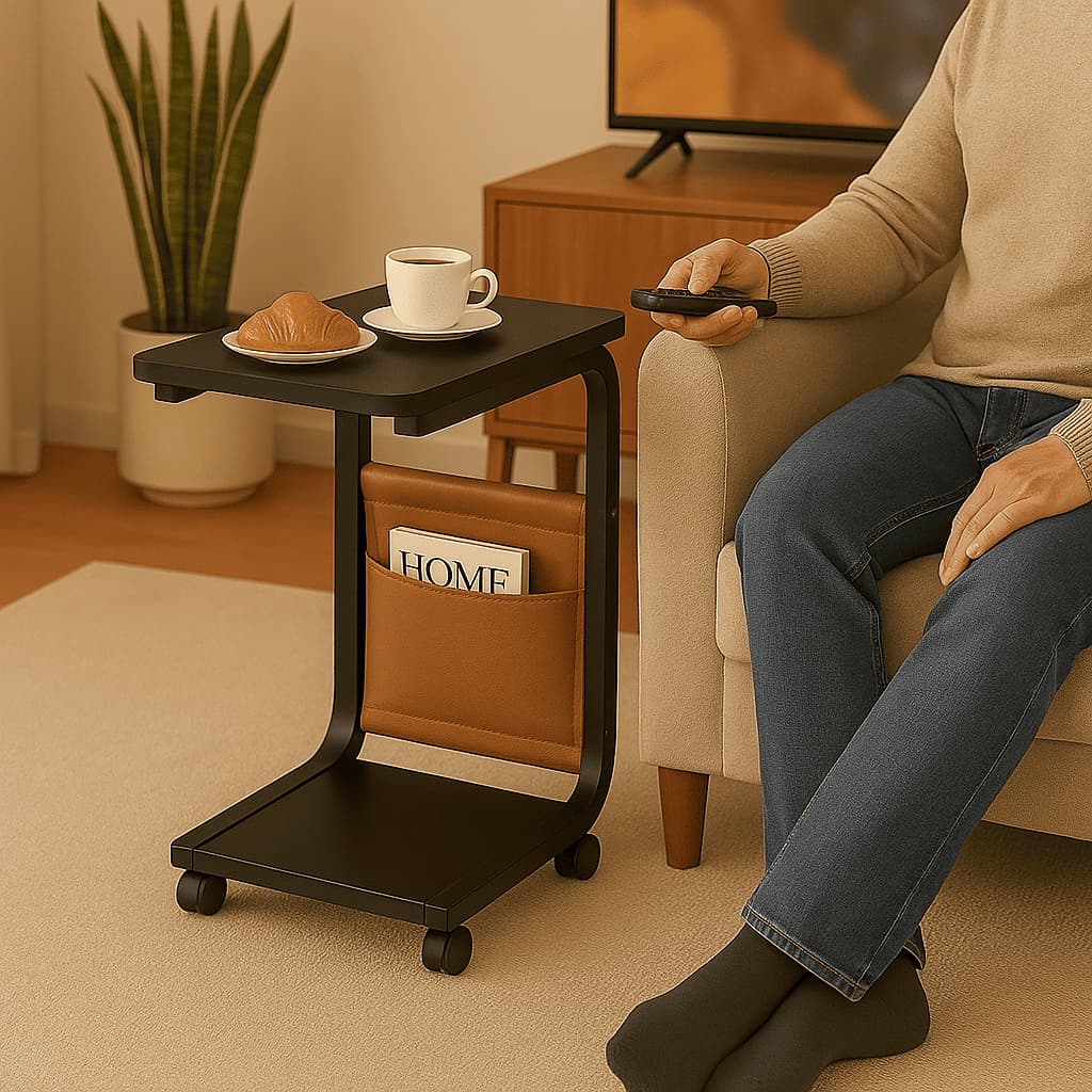 Mesa Lateral com Rodinhas e Porta Objetos - Mesa de Apoio Multifuncional para Notebook e Café