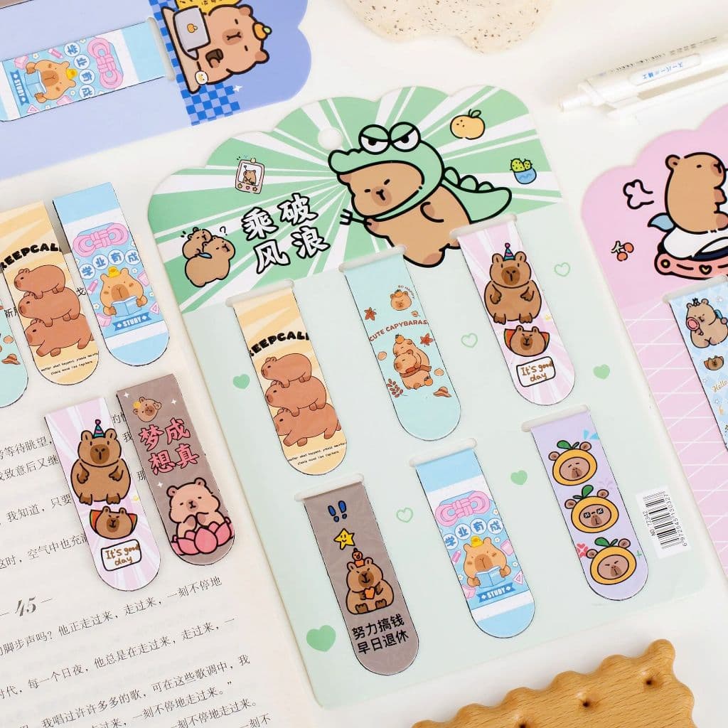 Kit 6 / 12 Marcadores de Página Magnético CAPIVARA Frente Verso Holográfico Livros Cadernos Planners