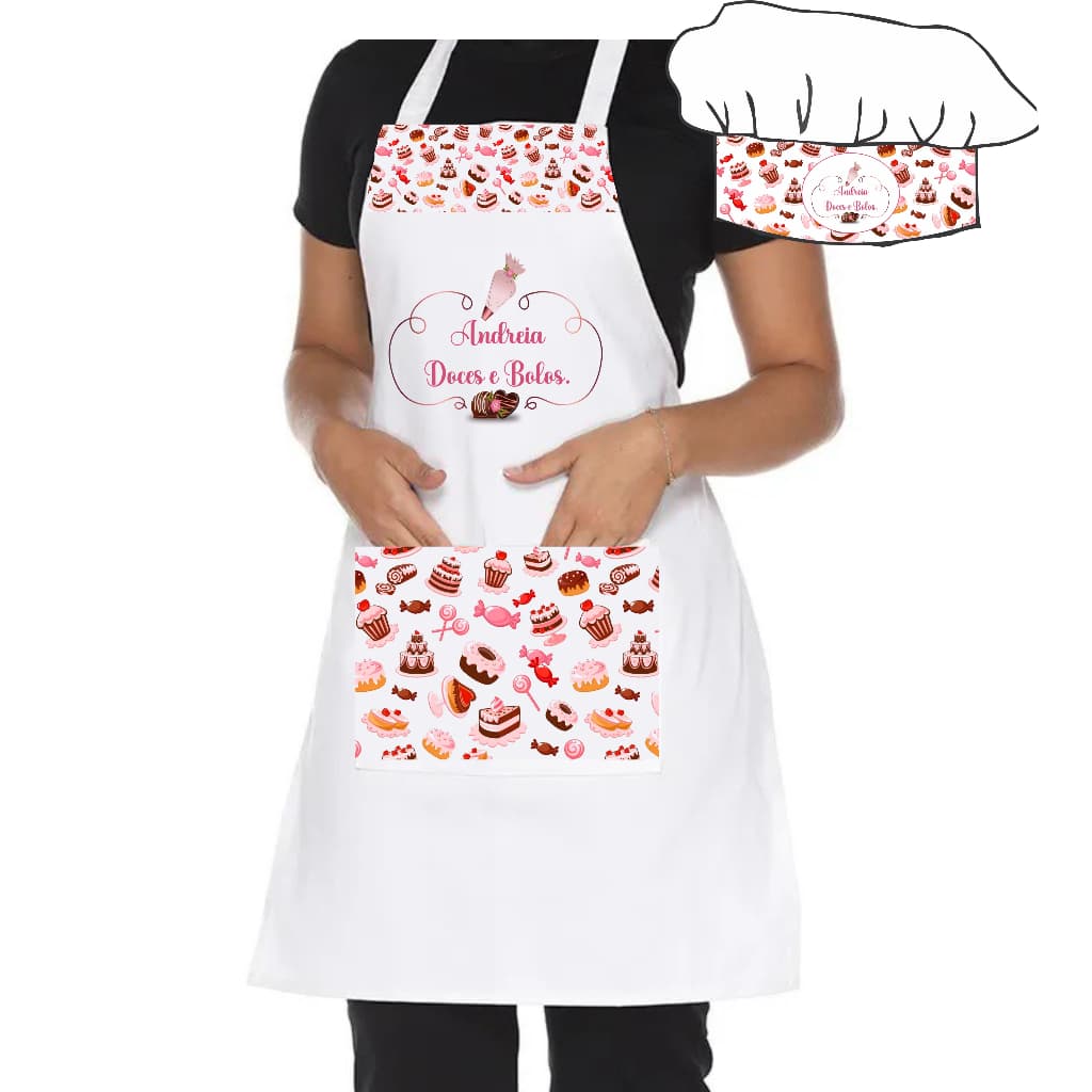 Kit Avental C/ Touca Branco Estampado Com Seu Logo Doceria