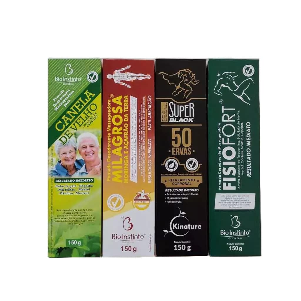 Kit 4un Pomadas Massageadoras 150g Bio Instinto - Canela de Velho - Milagrosa - Fisiofort - Super Black 50 Ervas