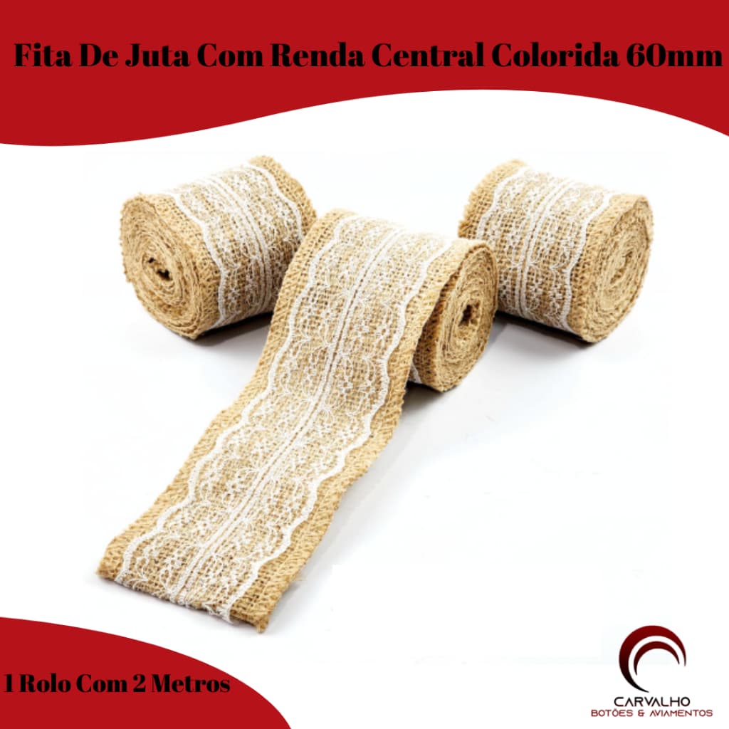 Fita De Juta Com Renda Central Colorida 60mm Rolo C/2 Metros | Fita Para Artesanato
