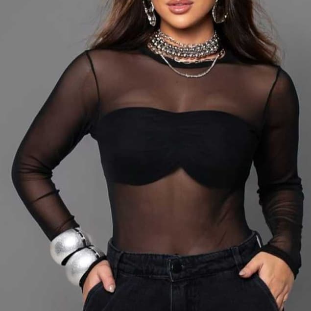 body feminino manga longa Liso balada Transparente Manga Longa