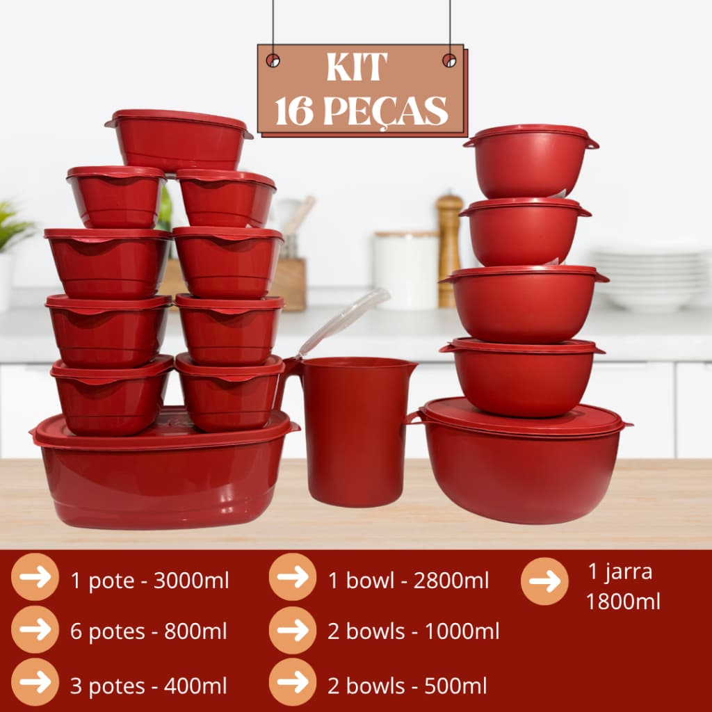Kit Jogo de Cozinha C/5, C/11 ou 16 Potes de Plastico Hermetico Resistente para Alimentos+Jarra