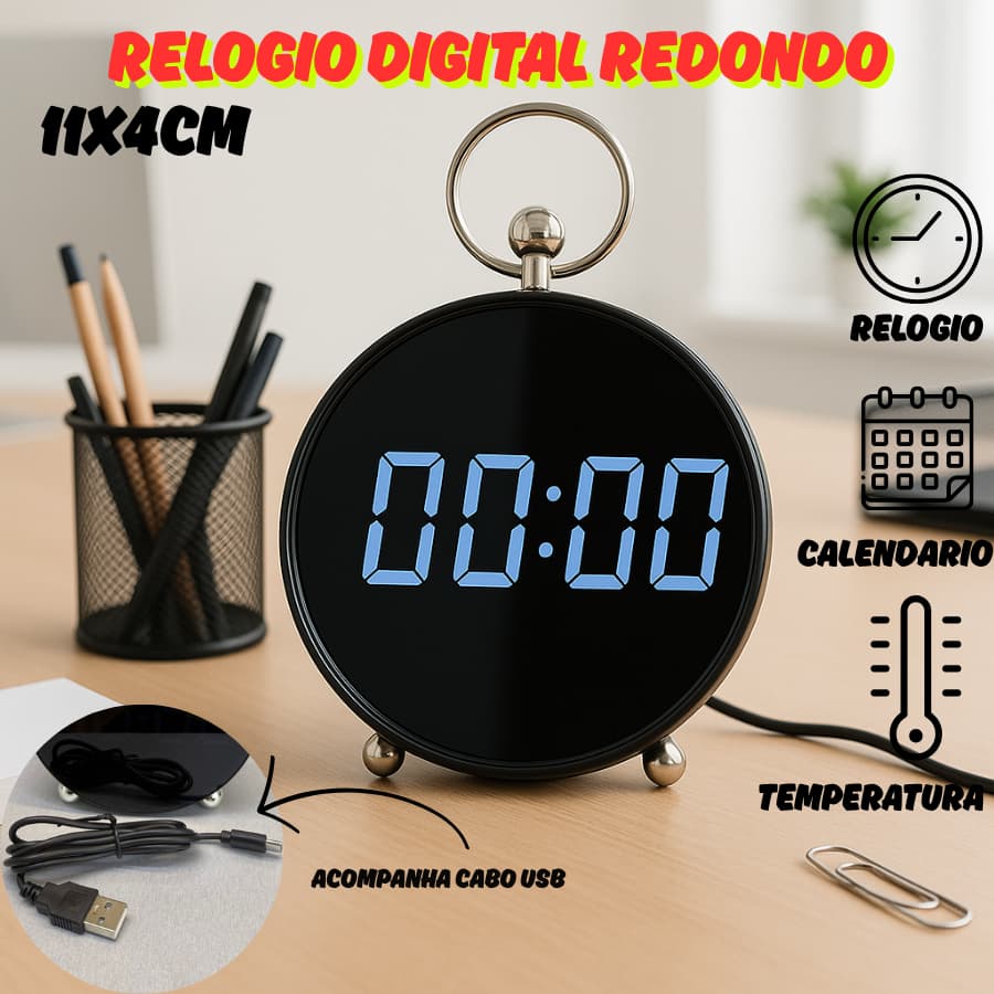 Relógio Digital De Mesa 11x4CM Com Usb Temperatura Calendário Soneca Redondo Decoração