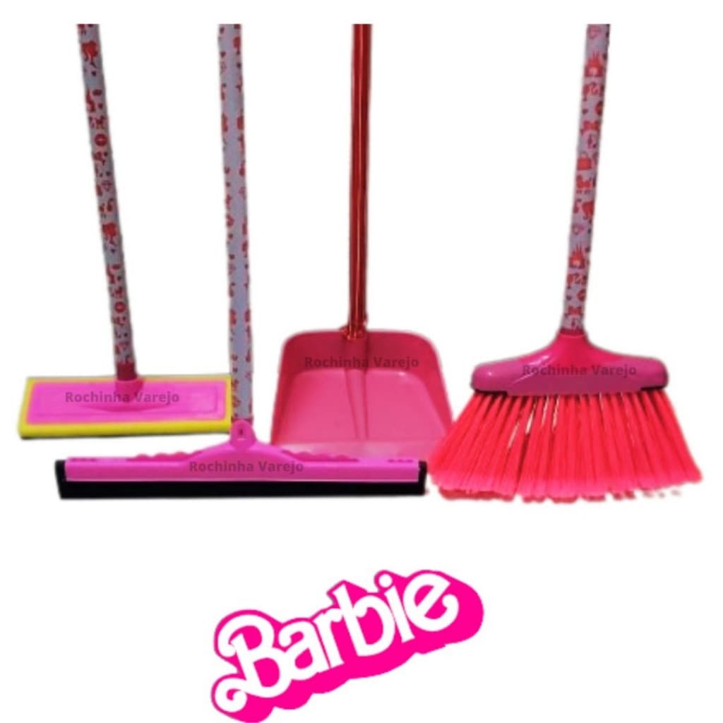 Vassoura Rosa com Cabo Rosa, Rodo Rosa 40cm com Cabo, Lava Azulejo com Cabo Rosa e Pá de Lixo Rosa com Cabo Vermelho