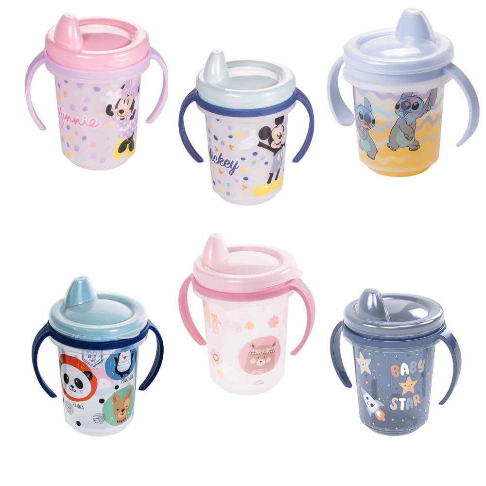 Caneca Plasútil Baby 330ml com Alça e Tampa – Mickey, Minnie, Stitch, Astronauta, Animais