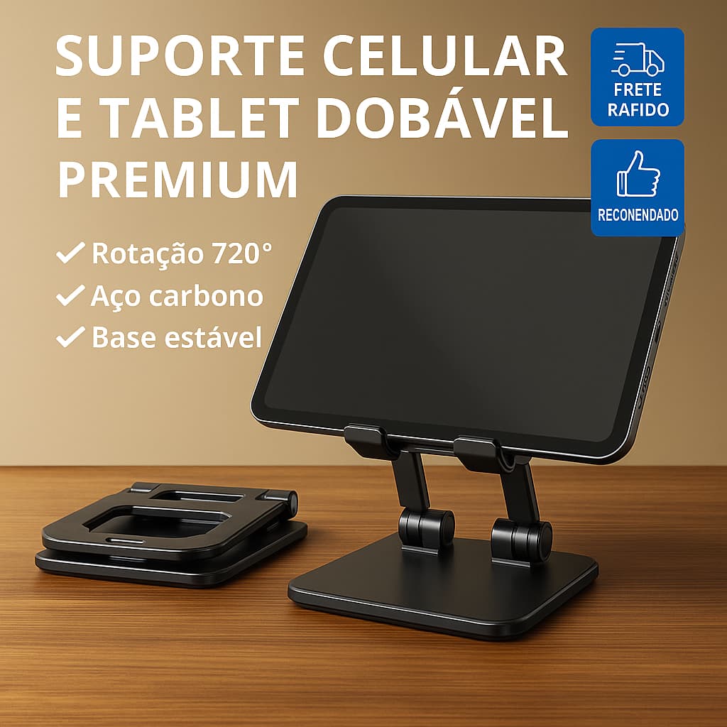 Suporte base para Celular e Tablet Dobrável 720° Premium Aço Carbono Base Estável Portátil Preto