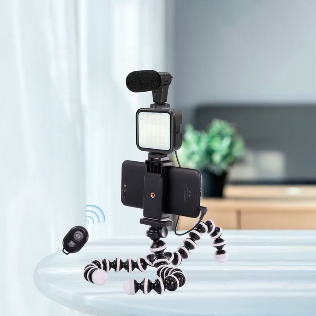 Kit Vídeo Completo Microfone Luz LED Tripé Flexível e Microfone Direcional