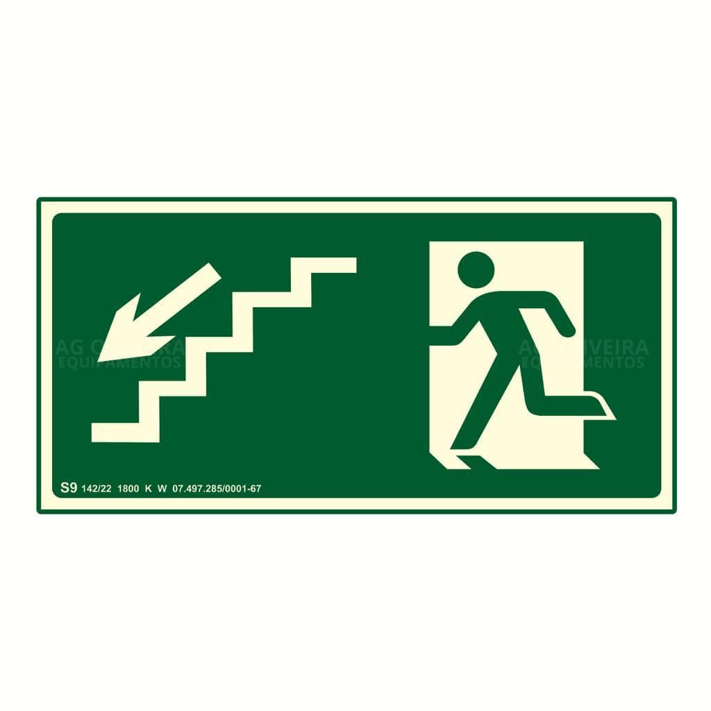 Placa de Sinalização Fotoluminescente S9- Desce Escada a Esquerda Normativa Bombeiro