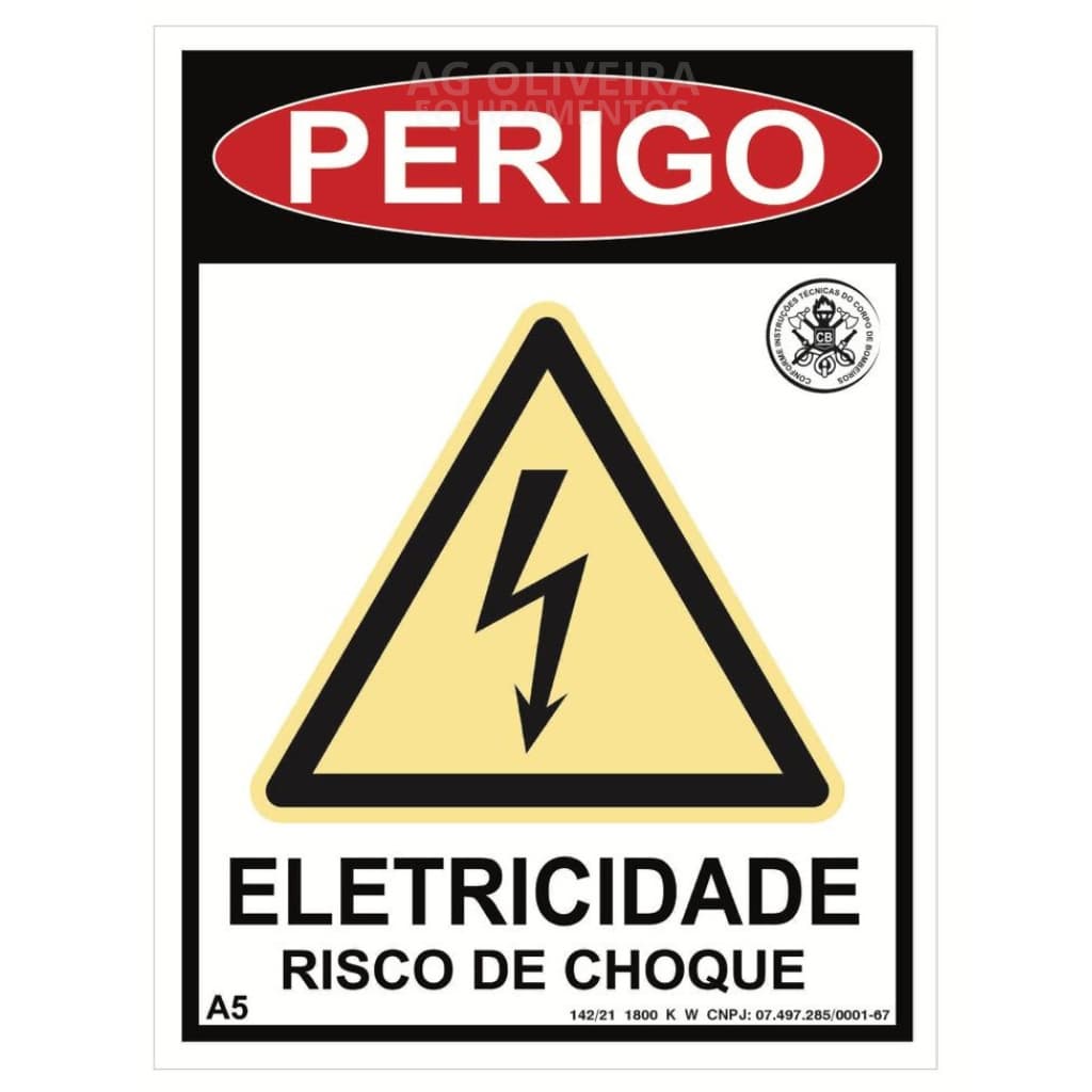 Placa de Sinalização Fotoluminescente A5- Perigo Risco de Choque 15x20 cm Normativa Bombeiro