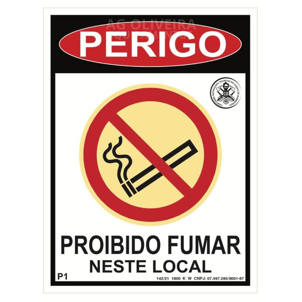 Placa de Sinalização Fotoluminescente P1- Perigo Proibido Fumar 15x20 cm Normativa Bombeiro