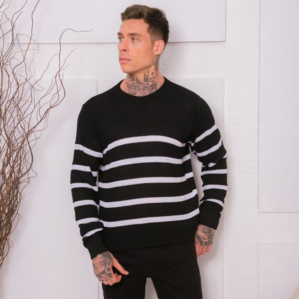 Suéter Tricot Masculino Blusa de Frio Listrado Gola Redonda Manga Longa - Look de Inverno e Outono