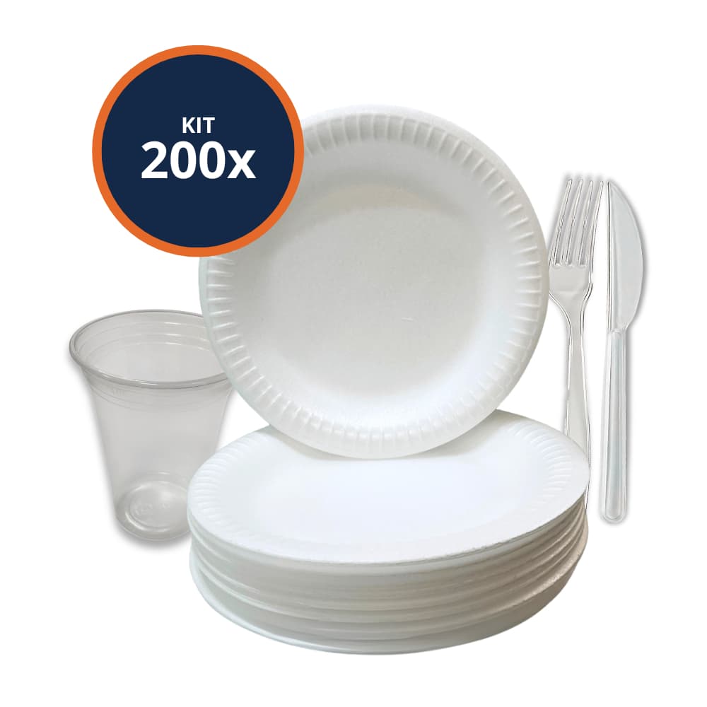 Kit Churrasco/Festa 200x Prato de Isopor + 200x Garfo/Faca + 200x Copo de 300ml (até 200 pessoas)