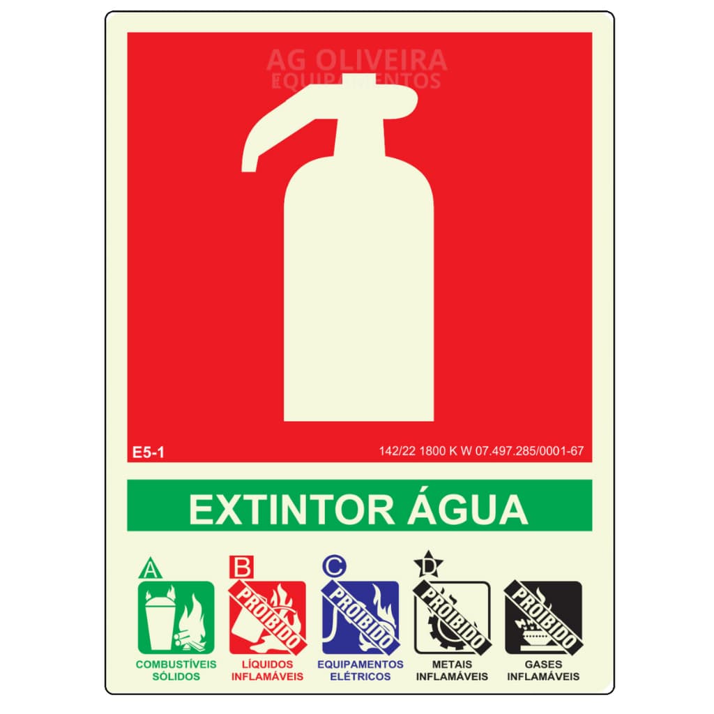 Placa de Sinalização Fotoluminescente E5.1- Extintor de Água 15x20 cm Normativa Bombeiro