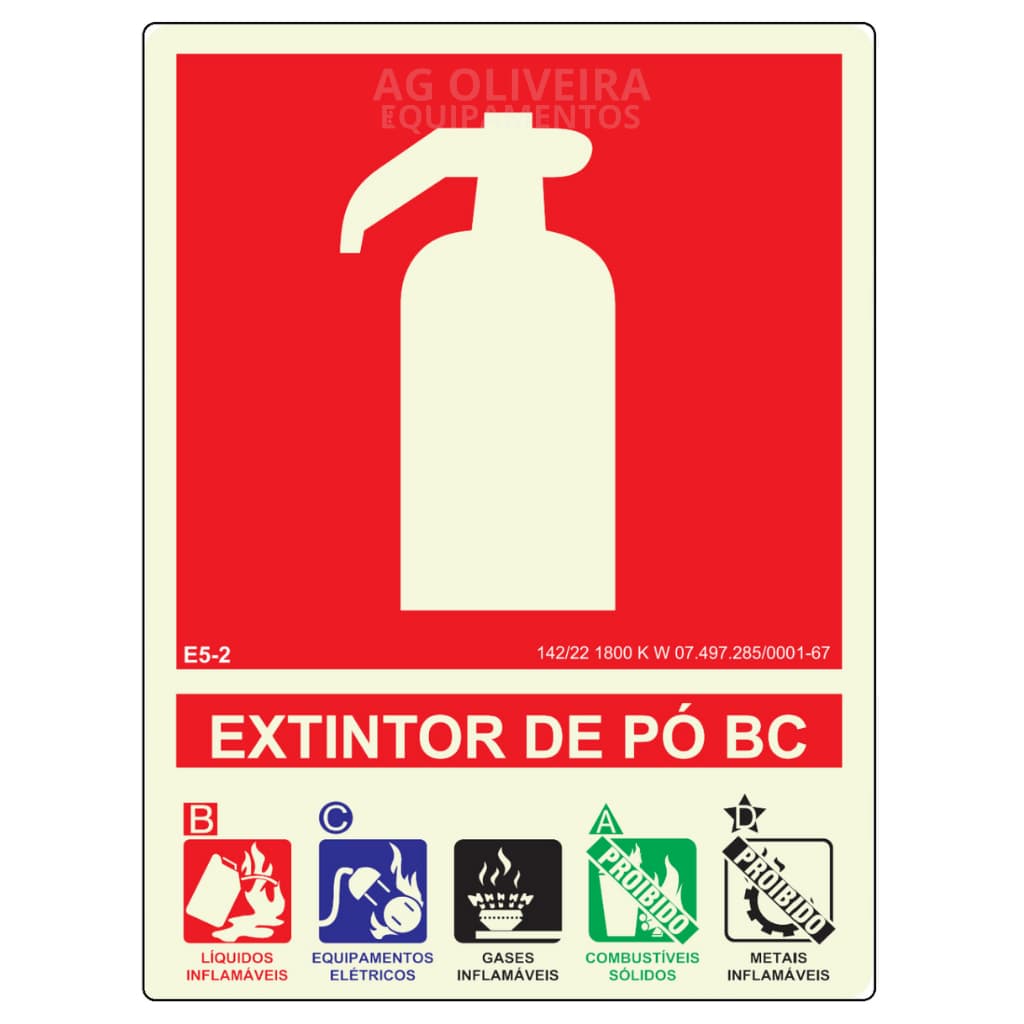 Placa de Sinalização Fotoluminescente E5.2- Extintor Pó Químico 15x20 cm Normativa Bombeiro