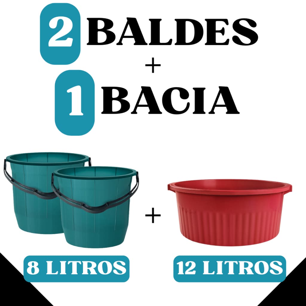 Kit 2 Baldes 8 Litros com Alça + Bacia 12L – Plástico Resistente / Cores Sortidas