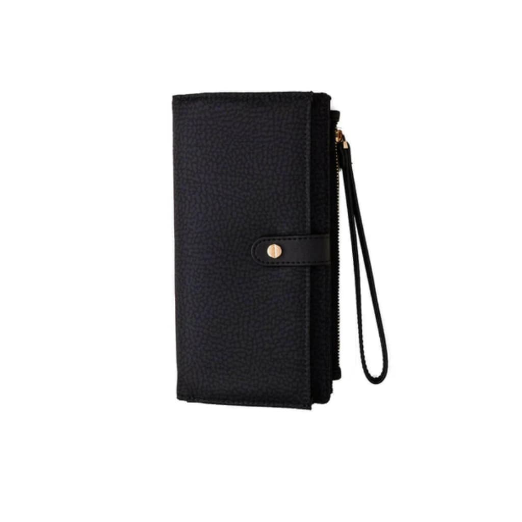 Carteira Longa Couro Sintético Feminina Ziper Preta com Interior Rosa