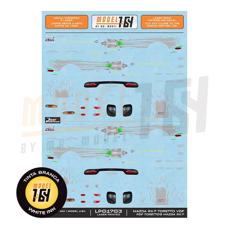 Decalque Mazda RX-7 Toretto Velozes & Furiosos - Model 1:64 LP01703 - Diecast Hot Wheels Customização