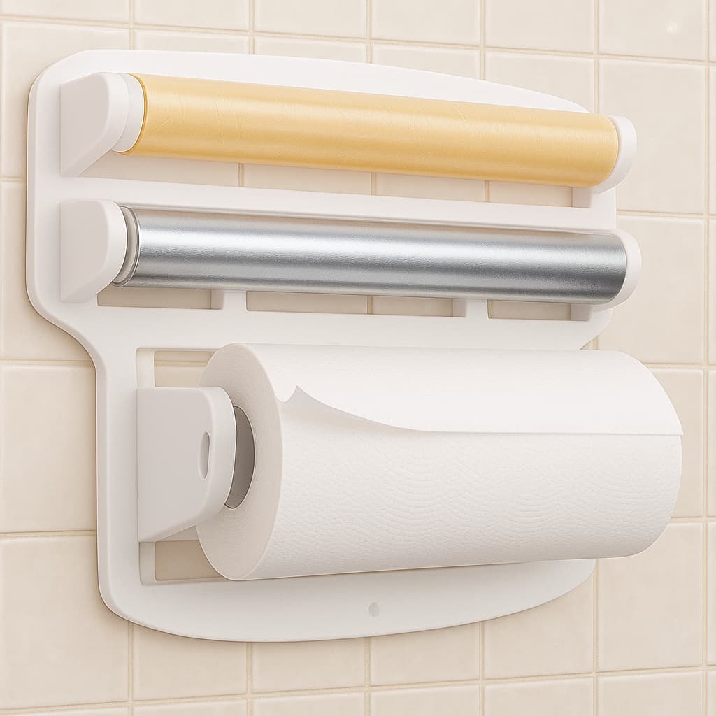 Suporte Triplo Porta Rolos 3 em 1 Cozinha – Papel Toalha, Alumínio e Filme Plástico