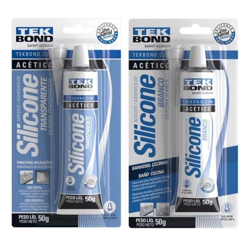 Silicone Acético Bisnaga 50g Branco ou Transparente Veda e Sela Pia, Box, Calhas, Vidros Tekbond