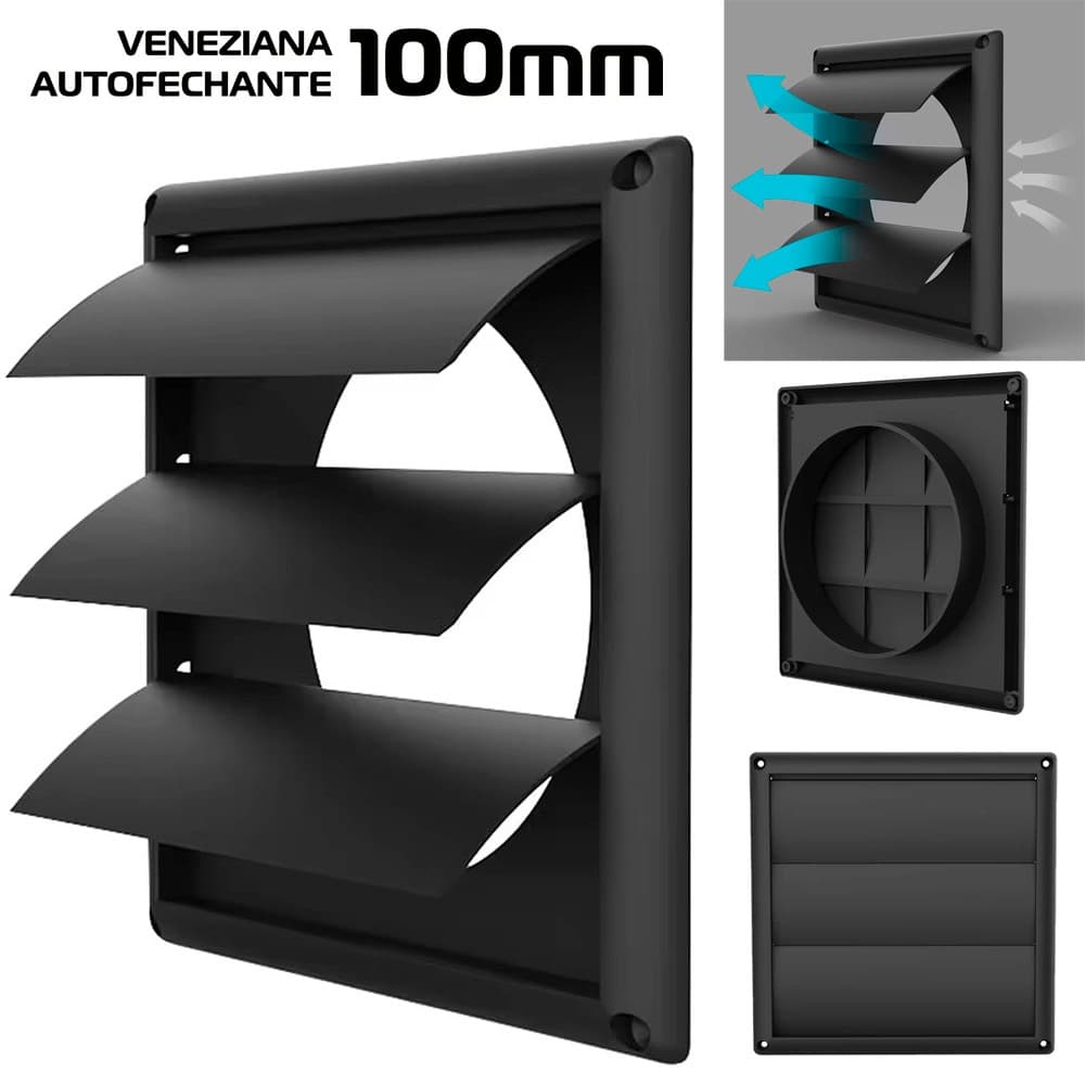 Veneziana Grade Auto Fechante Preta Para Exaustão de Ar Para Tubo De 100mm 10cm