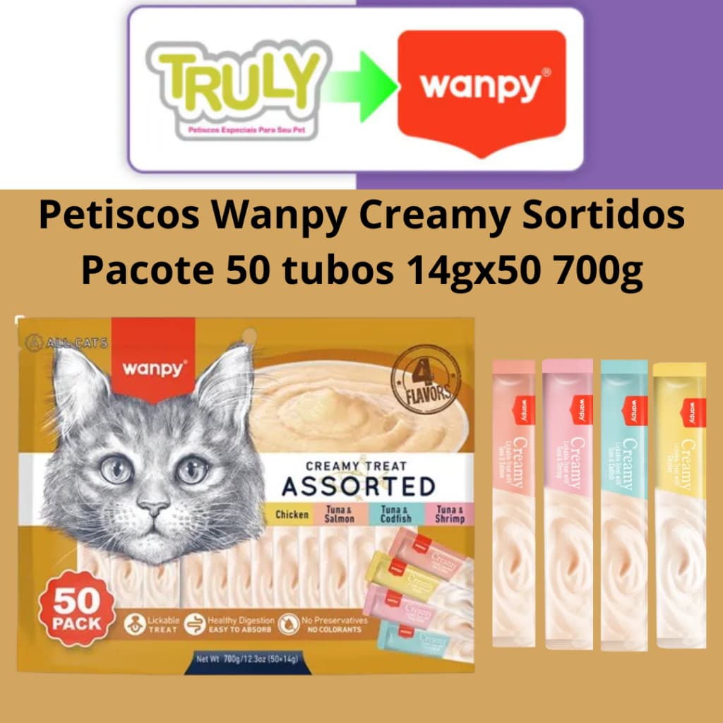 Petisco gatos Wanpy Truly Creamy Sabores Sortidos Pacote com 50 14gx50 700g ou 25 tubos 14gx25 350g