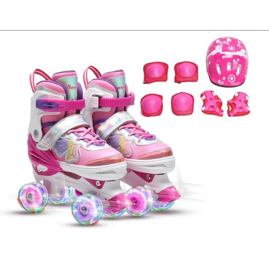 Patins 4 Rodas Com Led Patins Infantil Menina + Kit Proteção Borboleta