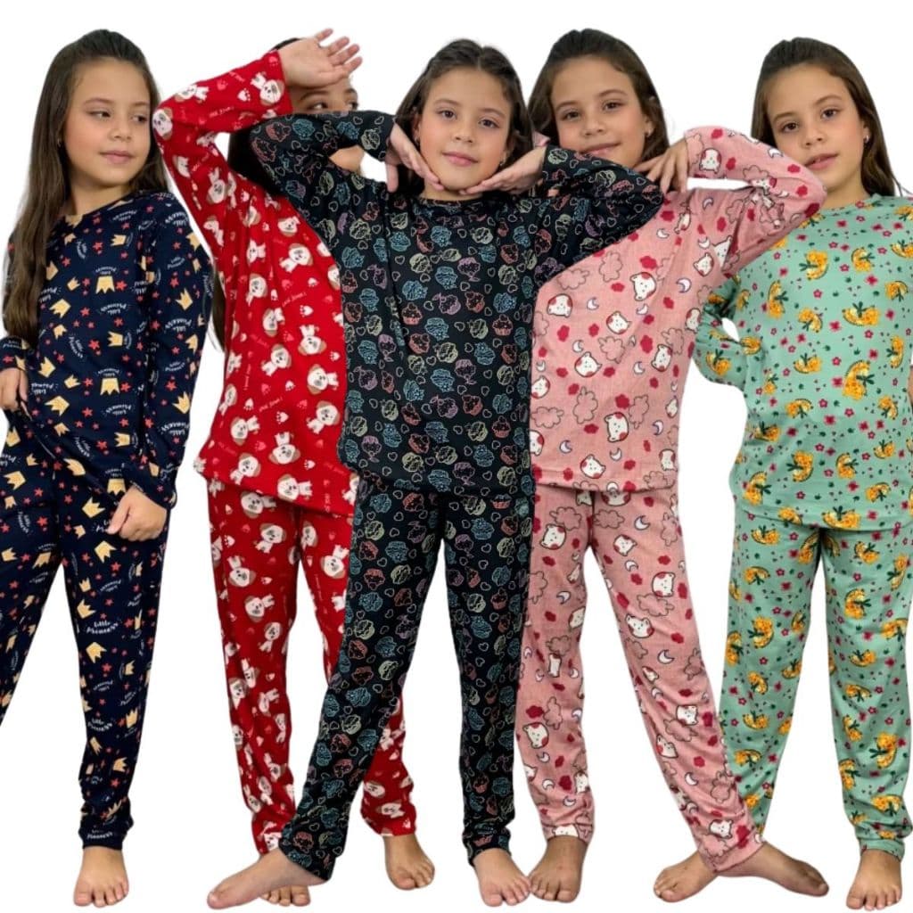 Kit Pijama Criança Inverno Menina Frio Estampado Infantil Manga Longa Suede Calça Blusa Conjunto 210