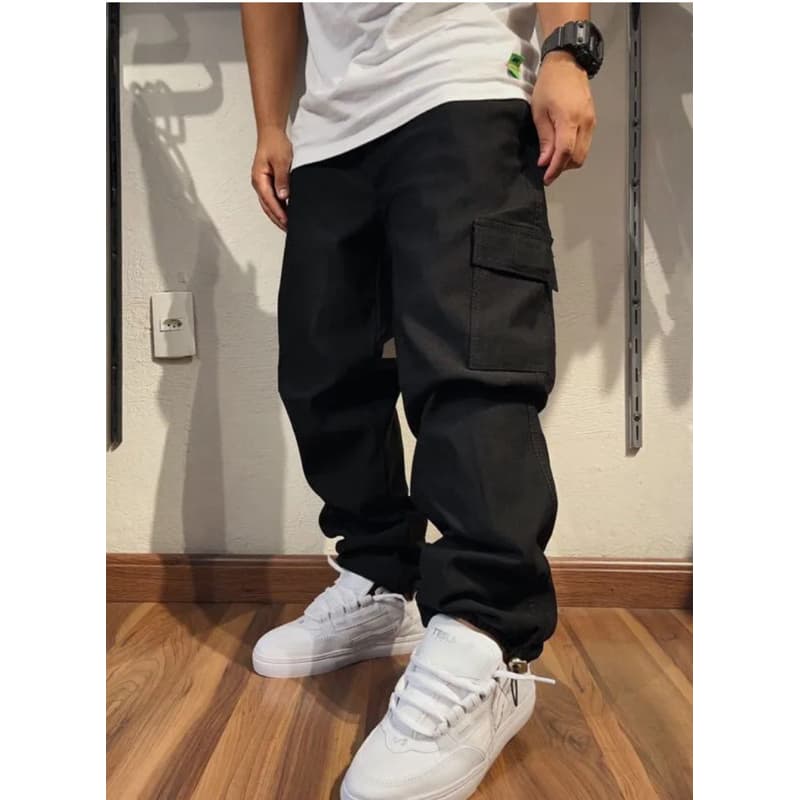 Calça Cargo Preta Boca Larga Unissex 6 bolsos Streetwear