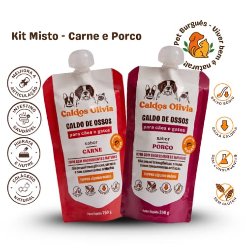 Kit Misto Caldo de Ossos Líquido Natural 1Un Carne Bovina + 1Un Porco Cães e Gatos 250g - Caldos Olivia