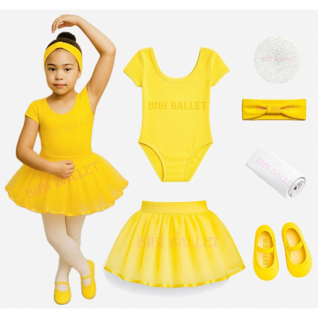Kit Ballet Infantil - 6 itens/ uniforme para dança completo - (Saia De Tule e Collant COM Manguinha) - AMARELO